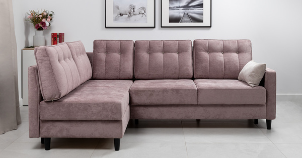 Диван-кровать угловой Арно ТД 567 велюр Лаки 17 пепел розы, Vertical 910 молочно-серый, сборка на любую сторону