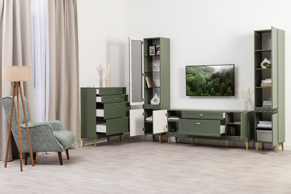 Гостиная Марион композиция 1 дымчатый зеленый K521, олива шагрень AG 1050 ПВХ, белый PE шагрень (собирается на любую сторону)