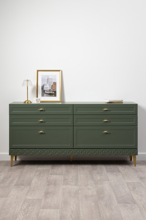 Комод Марион 16.256 дымчатый зеленый K521, олива шагрень AG 1050 ПВХ, белый PE шагрень