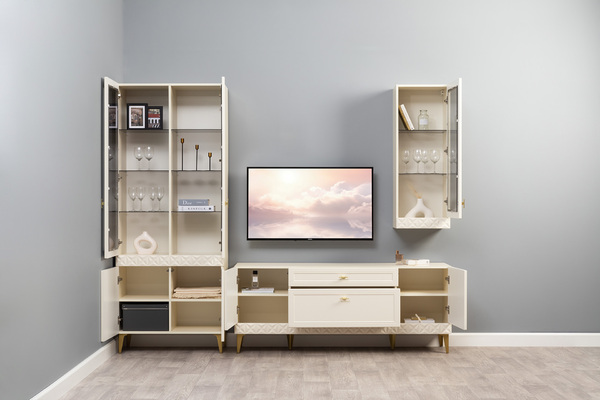 Гостиная Марион композиция 1 слоновая кость С341 PE, слоновая кость 6898 ПВХ, белый PE шагрень (собирается на любую сторону)