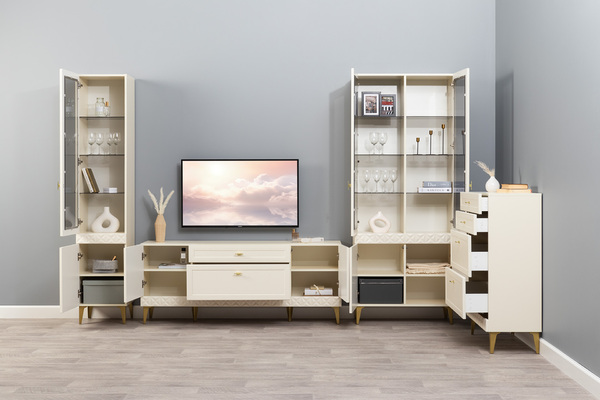 Гостиная Марион композиция 2 слоновая кость С341 PE, слоновая кость 6898 ПВХ, белый PE шагрень (собирается на любую сторону)