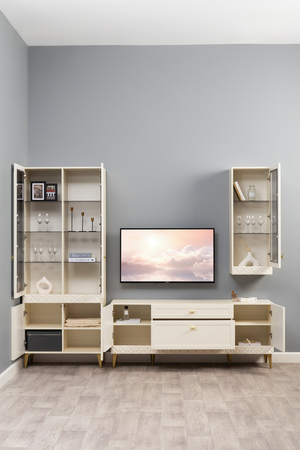 Гостиная Марион композиция 1 слоновая кость С341 PE, слоновая кость 6898 ПВХ, белый PE шагрень (собирается на любую сторону)