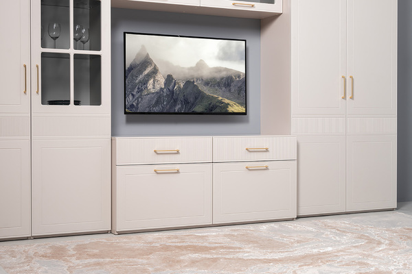 Гостиная Ричфорд композиция 1 без карнизов, кашемир 5981 BS, моно керамика D166-2 ПВХ, белый PE шагрень (собирается на любую сторону)